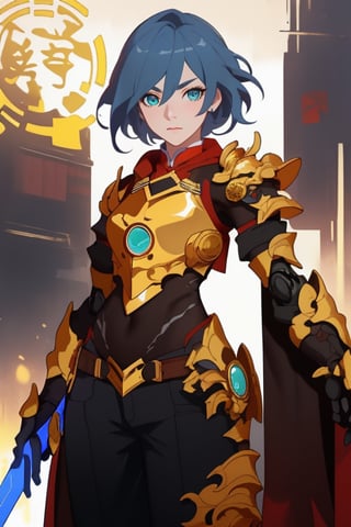 sanguozhi, solo,  cape, sword, facial hair, helmet,,(looking at viewer:1.2), centered, (upper body), photography of a 22yo woman, masterpiece, | (beautiful detailed eyes:1.2), short hair, aqua hair color, light blue eyes, armored top, pauldrons, wide hips, lowleg armored pants, | sunset, bokeh, depth of field ,fu hua,(((female focus,armor,Chinese Armor,golden armor))),fu hua,delicate\(armor\),MECHA,amour