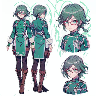 (CharacterSheet:1.2), 1 girl, solo, green eyes, ((((green hair:1.2)))) ,((green kongming suit)),headphones around neck,short hair, light smile,muscle_body, strong, fullbody black_bodysuit with green details,casual_wear, gloves, boots, pants, shirt, tecno_jacket, short-hair,,multiple views (full_body(front_view, back_view),uper_body(front_view, left_view, right_view)),(white background, simple background:1.2),(dynamic_pose:1.2),(masterpiece:1.2), (best quality, highest quality), (ultra detailed), (8k, 4k, intricate), (50mm), (highly detailed:1.2),(detailed face:1.2), detailed_eyes,(gradients),(ambient light:1.3),(cinematic composition:1.3),(HDR:1),Accent Lighting,extremely detailed,original, highres,(perfect_anatomy:1.2), perfect_face:1.2, detailed_anatomy, full_body,, , ,kongming suit,long skirt,sarashi,guanhelmet,senti,china dress with heart cutout,fu hua,chinese clothes,yifu,floral print,hanfu,chinese clothe,print robe,1girl,fu_hua