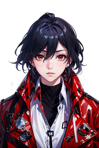 a beautiful woman, black hair,red eyes,fu hua,(((leather Trench  coat,red trench coat,long coat,black pants,boots,uniform,white shirt,opened clothes))), senti, red eyes, blue_eyes
