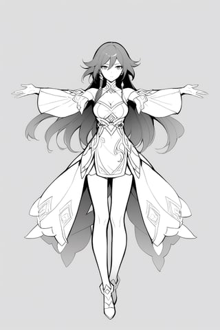 [[fu hua(Honkai Impact 3rd)]], (full body), nai3, 1girl, solo, artstyle,
1girl, solo, long hair, breasts, simple background, white background, dress, cleavage, medium breasts, monochrome, greyscale, detached sleeves, outstretched arms, chinese text