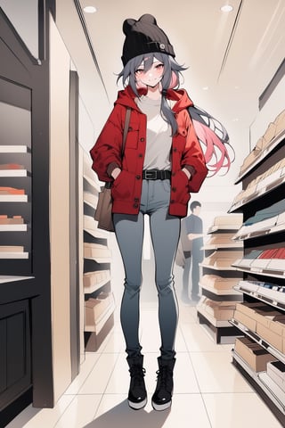  {{fu hua(honkai 3rd)}},(full body), nai3, solo, artstyle,best quality,amazing quality,very aesthetic,absurdres,traditional media solo, looking at viewer,
1girl, long hair, blush, smile, skirt, brown hair, shirt, long sleeves, 1boy, hat, standing, jacket, pink hair, boots, open clothes, shoes, socks, belt, pants, indoors, hood, bag, twitter username, black footwear, vest, english text, black headwear, hoodie, denim, red jacket, jeans, contemporary, beanie, grey pants, shopping bag