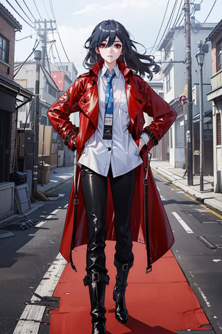 a beautiful woman, black hair,red eyes,fu hua,(((leather Trench  coat,red trench coat,long coat,black pants,boots,uniform,white shirt,opened clothes))), senti, red eyes, blue_eyes