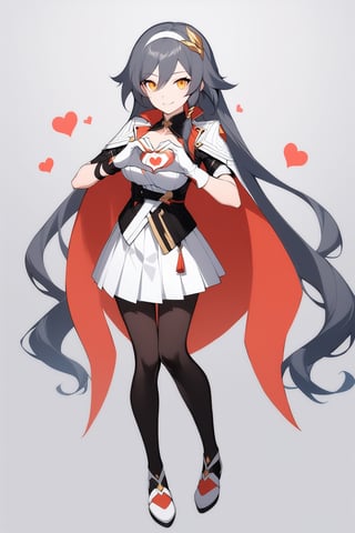 [[fu hua(Honkai Impact 3rd)]], (full body), nai3, 1girl, solo, artstyle,
1girl, solo, long hair, breasts, looking at viewer, smile, bangs, skirt, large breasts, simple background, shirt, black hair, gloves, very long hair, closed mouth, standing, jacket, yellow eyes, white shirt, heart, pantyhose, pleated skirt, hairband, artist name, white gloves, blunt bangs, grey background, cape, black pantyhose, white skirt, white hairband, heart hands, 