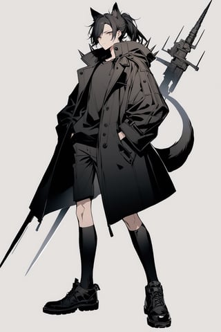 (full body), nai3, solo, artstyle,best quality,amazing quality,very aesthetic,absurdres,traditional media solo, looking at viewer,
solo, long hair, looking at viewer, short hair, bangs, simple background, shirt, black hair, gloves, long sleeves, 1boy, white background, holding, animal ears, brown eyes, jewelry, closed mouth, standing, tail, full body, ponytail, weapon, male focus, shoes, socks, black footwear, holding weapon, coat, kneehighs, black socks, spikes, hand in pocket, black coat