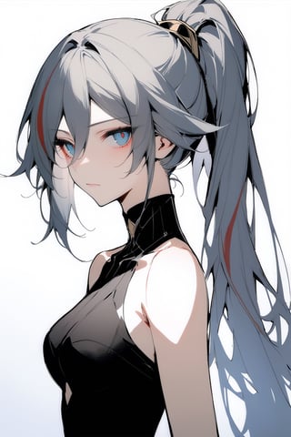 [[fu hua(honkai impact 3rd)]], nai3, 1girl, solo, artstyle,best quality,amazing quality,very aesthetic,absurdres,traditional media,female focus, 
1girl, solo, long hair, bangs, simple background, white background, hair between eyes, bare shoulders, closed mouth, ponytail, white hair, multicolored hair, sketch, streaked hair