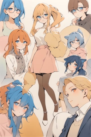 (full body), nai3, solo, artstyle,best quality,amazing quality,very aesthetic,absurdres,traditional media solo, looking at viewer,
long hair, blue eyes, multiple girls, blonde hair, brown hair, blue hair, ponytail, multiple boys, glasses, orange hair, 6+girls, dog
