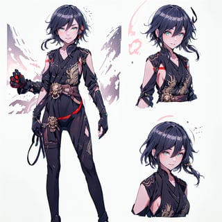 (CharacterSheet:1.2), 1 girl, solo,,headphones around neck,short hair, light smile,muscle_body, strong, fullbody black_bodysuit with green details,casual_wear, gloves, boots, pants, shirt, tecno_jacket, short-hair,,multiple views (full_body(front_view, back_view),uper_body(front_view, left_view, right_view)),(white background, simple background:1.2),(dynamic_pose:1.2),(masterpiece:1.2), (best quality, highest quality), (ultra detailed), (8k, 4k, intricate), (50mm), (highly detailed:1.2),(detailed face:1.2), detailed_eyes,(gradients),(ambient light:1.3),(cinematic composition:1.3),(HDR:1),Accent Lighting,extremely detailed,original, highres,(perfect_anatomy:1.2), perfect_face:1.2, detailed_anatomy, full_body,, , ,kongming suit,long skirt,sarashi,guanhelmet,senti,china dress with heart cutout,fu hua,chinese clothes,yifu,floral print,hanfu,chinese clothe,print robe,1girl,fu_hua