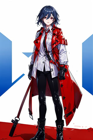 a beautiful woman, black hair,red eyes,fu hua,(((leather Trench  coat,red trench coat,long coat,black pants,boots,uniform,white shirt,opened clothes))), senti, red eyes, blue_eyes