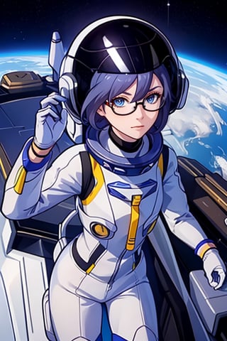 a beautiful girl in the sky from Mars, establishing herself in a spacesuit,fu hua,astronauts,space shuttle orbiter,holding the helmet,glasses