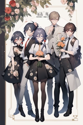 [[fu hua(Honkai Impact 3rd)]], (full body), nai3, 1girl, solo, artstyle,
1girl, long hair, looking at viewer, short hair, blue eyes, skirt, brown hair, shirt, black hair, hair ornament, red eyes, brown eyes, purple eyes, flower, multiple boys, necktie, glasses, hair flower, copyright name, watermark, floral print, cover, 4boys, holding flower, 5boys