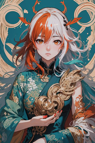 masterpiece, best quality, ultra high res, beautiful, elegant, graceful, award-winning art, 1girl, (style of Yuko Shimizu:1.4), (abstract art:1.2), style of rebecca guay, fu hua\bengluo, white_hair, orange_eyes, streaked_hair, fu hua, orange_hair, red_hair, fire, fiery_hair, hair_between_eyes, multicolored_hair, fu hua\bengluo, fiery_wings,fire, cloaked in flames, dark theme, visually stunning, gorgeous,cloud, fu hua\bengluo, ,fuhua/heiyu,scar,fu hua\bengluo