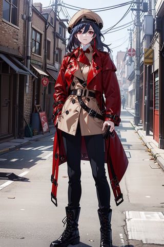 a beautiful woman, black hair,red eyes,fu hua,(((leather Trench  coat,red trench coat,pants,boots,uniform,closed clothes,hat))), senti, red eyes, blue_eyes