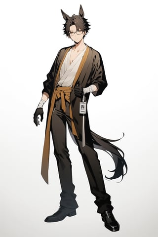 (full body), nai3, solo, artstyle,best quality,amazing quality,very aesthetic,absurdres,traditional media solo, looking at viewer,
,horse tail, full body,, male focus,,((( horse ears, brown eyes,hanfu))),18y.o.solo, looking at viewer, short hair, shirt, black hair, gloves, 1boy, white background, animal ears, standing, jacket, full body, weapon, male focus, glasses, black gloves, pants, black footwear, black jacket, bandages, black pants, id card