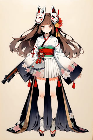 (full body), nai3, solo, artstyle,best quality,amazing quality,very aesthetic,absurdres,traditional media solo, looking at viewer,
1girl, solo, long hair, looking at viewer, smile, bangs, skirt, brown hair, hair ornament, long sleeves, holding, brown eyes, standing, weapon, pleated skirt, japanese clothes, wide sleeves, holding weapon, gun, mask, floral print, white skirt, rifle, mask on head, fox mask