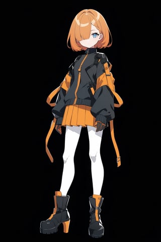 (full body), nai3, 1girl, solo, artstyle,
1girl, solo, looking at viewer, short hair, blue eyes, skirt, simple background, gloves, long sleeves, standing, jacket, full body, pantyhose, pleated skirt, boots, bag, black footwear, orange hair, hair over one eye, high heels, black jacket, sleeves past wrists, black background, zipper, white pantyhose