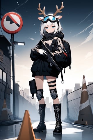(full body), nai3, solo, artstyle,best quality,amazing quality,very aesthetic,absurdres,traditional media solo, looking at viewer,
1girl, solo, bangs, blue eyes, simple background, gloves, long sleeves, white background, holding, animal ears, closed mouth, standing, jacket, full body, weapon, white hair, multicolored hair, boots, puffy sleeves, white gloves, hood, bag, black footwear, black jacket, gun, looking away, backpack, knee boots, goggles, box, cross-laced footwear, puffy long sleeves, goggles on head, sign, fence, lace-up boots, antlers, knee pads, cardboard box, road sign, reindeer antlers, deer ears, traffic cone