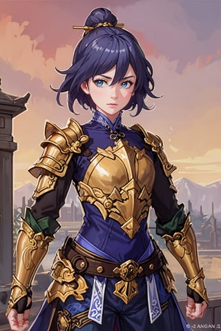 (looking at viewer:1.2), centered, (upper body), photography of a 22yo woman, masterpiece, | (beautiful detailed eyes:1.2), short hair, aqua hair color, light blue eyes, armored top, pauldrons, wide hips, lowleg armored pants, | sunset, bokeh, depth of field ,fu hua,(((female focus,armor,Chinese Armor,golden armor))),golden chain,(sanguozhi)