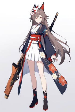 [[fu hua(Honkai Impact 3rd)]], (full body), nai3, 1girl, solo, artstyle,
1girl, solo, long hair, looking at viewer, smile, bangs, skirt, brown hair, hair ornament, long sleeves, holding, brown eyes, standing, weapon, pleated skirt, japanese clothes, wide sleeves, holding weapon, gun, mask, floral print, white skirt, rifle, mask on head, fox mask