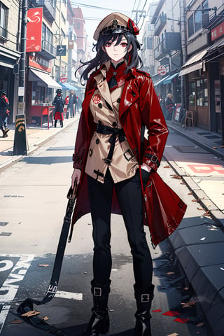 a beautiful woman, black hair,red eyes,fu hua,(((leather Trench  coat,red trench coat,pants,boots,uniform,closed clothes,hat))), senti, red eyes, blue_eyes