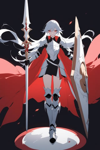 [[fu hua(Honkai Impact 3rd)]], (full body), nai3, 1girl, solo, artstyle,
1girl, solo, long hair, looking at viewer, simple background, gloves, holding, closed mouth, standing, full body, weapon, white hair, boots, sword, signature, cape, holding weapon, armor, holding sword, polearm, black background, shoulder armor, gauntlets, sheath, legs apart, pauldrons, shield, sheathed, breastplate, red cape, armored boots, scabbard, greaves, knight, lance, holding shield, leg armor, plate armor