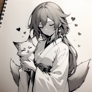 [[fu hua(honkai impact 3rd)]], nai3, 1girl, solo, artstyle,best quality,amazing quality,very aesthetic,absurdres,traditional media,female focus, long sleeves, holding, jewelry, closed mouth, monochrome, closed eyes, heart, earrings, japanese clothes, wide sleeves, mole under eye, animal, sepia, fox,