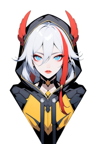 [[fu hua(Honkai Impact 3rd)]], (full body), nai3, 1girl, solo, artstyle,
1girl, solo, looking at viewer, bangs, blue eyes, simple background, white background, hair between eyes, upper body, white hair, red hair, multicolored hair, parted lips, hood, two-tone hair, lips, streaked hair, hood down, head wings, yellow coat