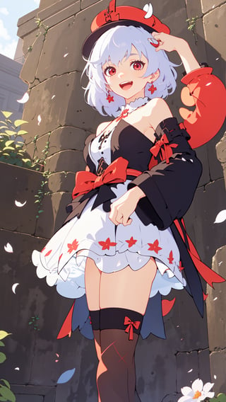 (masterpiece), (bestquality),loli,1girl, lying, dress, thighhighs, character doll, on back, solo, smile, ribbon, open mouth, looking at viewer, brown hair, frills, pillow, fishnets, petals, short hair, bare shoulders, hat, strapless, red eyes, strapless dress, :d