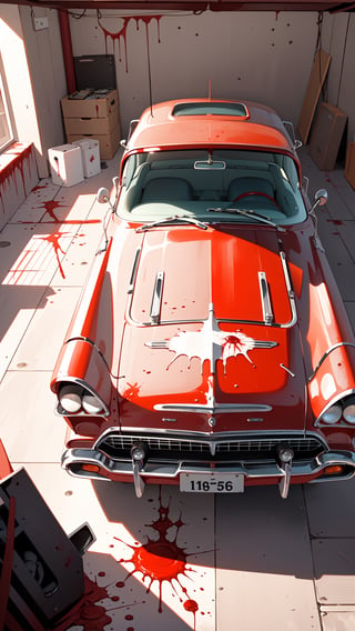 A photo realistic image of a complete rusted, four-door, (((blood red))), (((1958 Plymouth Fury))) in an old garage full of tools, night, focus on the intricate details of its faded paint job, the wear and tear on the tires, and the aged textures of the metal body. Use the multi-prompt "car::photorealistic::rust" with a prompt weighting of "rust" to emphasize the aged textures and worn out look of the car, car,photo r3al,IncrsNikkeProfile