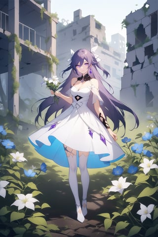 [[fu hua(Honkai Impact 3rd)]], (full body), nai3, 1girl, solo, artstyle,
1girl, solo, dress, ribbon, holding, standing, purple eyes, hair ribbon, purple hair, flower, white dress, official alternate costume, holding flower, ruins, overgrown, 1girl, solo, long hair, breasts, looking at viewer, smile, blue eyes, skirt, brown hair, thighhighs, cleavage, jewelry, medium breasts, hair ribbon, earrings, two side up, gem, 