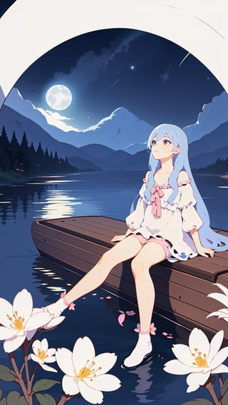 A young girl lying comfortably on a boat, looking up at the starry night sky filled with colorful flowers surrounding the boat, reflecting the bright moon on the lake surface, distant cherry blossom scenery in the background, medium and long distance view, deep depth of field, detailed details. High resolution image, vivid colors, dreamy atmosphere, romantic scene, beautiful night sky, blooming flowers, reflection of the moon on the lake, distant cherry blossoms, serene environment, peaceful mood, starry sky, flower decoration, boat ride, comfortable position, young girl's innocence, tranquility., eluosi, blackpantyhose, qiqiu