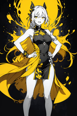 (masterpiece), 1girl, best quality, expressive eyes, perfect face,mature female, large breasts, braid, slim body, yellow eyes, hair ribbon, flat yellow color, lineart, abstract, flower, yellow theme, greyscale, monochrome, sleeveless dress, smile, open mouth, legs, hands on hips ,senti,kiana,lixue,fu hua\bengluo