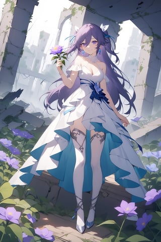 [[fu hua(Honkai Impact 3rd)]], (full body), nai3, 1girl, solo, artstyle,
1girl, solo, dress, ribbon, holding, standing, purple eyes, hair ribbon, purple hair, flower, white dress, official alternate costume, holding flower, ruins, overgrown, 1girl, solo, long hair, breasts, looking at viewer, smile, blue eyes, skirt, brown hair, thighhighs, cleavage, jewelry, medium breasts, hair ribbon, earrings, two side up, gem, 