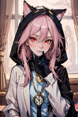 In a softly lit bedroom, a captivating girl with pink eyes and pale skin wears an adorable hood with cat ears. Her detailed and enigmatic eyes contrast with her vacant expression. She holds a pocket watch, creating an intriguing scene.