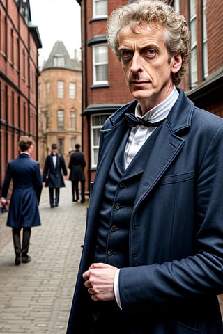 Peter Capaldi as Doctor Who.  Victorian street background