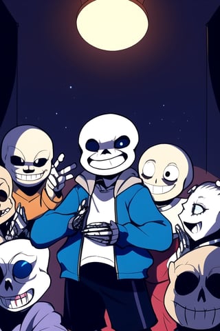 Sans' Radiant Smile"

Description:
In the midst of the Underground, where challenges and mysteries abound, Sans, the iconic skeleton from "Undertale," finds a moment of genuine happiness. His ever-present grin widens, and his eye sockets twinkle with delight.

Surrounded by friends and loved ones, he basks in the warmth of camaraderie and shared laughter. The chamber is filled with a sense of mirth and contentment, a stark contrast to the usual seriousness of the underground world.

The room is bathed in soft, warm light, creating a cozy and inviting atmosphere. The comforting sounds of laughter and conversation fill the air, and the worries of the world are temporarily forgotten.

Sans, dressed in his classic hoodie and shorts, savors the simple pleasures of life, enjoying a peaceful moment where the weight of responsibility and the challenges of multiple realities are set aside.