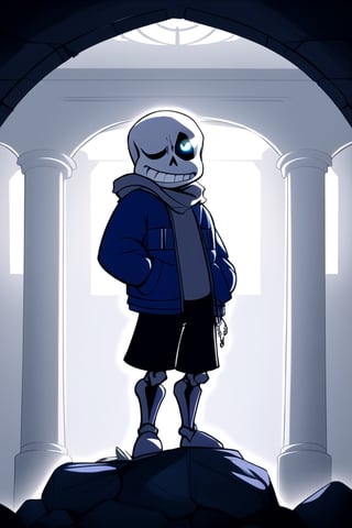Sans' Lifelong Burden"

Description:
In a dimly lit chamber, we find Sans, the iconic skeleton from "Undertale," standing in solitude. His bony frame is cast in a dim, somber light, and his usually carefree grin is replaced by a heavy frown.

Sans is surrounded by enigmatic symbols and swirling blue and purple flames, representing the fractured realities between "Undertale" and "Deltarune." He stands at the crossroads of these two worlds, burdened by the realization that Angela, the force of separation, makes it impossible for these realms to unite.

His hands, one in his pocket and the other resting on a stone monument, tell a story of despair and longing. The ancient, weathered monument represents the fractured connections between these beloved universes.

As Sans reflects on his inability to bridge these worlds, a sense of failure weighs heavily on him. He believes he has let down not only his own world but also the Delta Warriors, whose struggles continue unabated. The most agonizing of all is the guilt he feels for not being able to protect his cherished brother, Papyrus, from the dissonance between realities.

In this moment, Sans embodies the pain of unfulfilled hope and the weight of insurmountable challenges. The solemn atmosphere captures the deep emotional complexity of his character, as he grapples with his inner turmoil and determination to find a way forward.