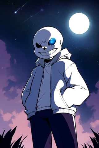 , Sans gazes up at the night sky, captivated by the sight of the first moon. The moonlight casts a gentle glow on the ancient trees and the softly flowing river.

Sans, in his classic hoodie and shorts, stands with his hands in his pockets, a relaxed smile on his face. His solitary presence under the moonlit sky creates an atmosphere of peace and wonder.

The stars twinkle above like a myriad of tiny Gaster Blasters, and Sans feels a deep connection to the universe. The moment is serene and timeless, a brief respite from the complexities and challenges of the Underground.