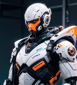 (ultra detailed beautiful eyes and detailed face:1.4), (untra detail face:1.4), (((8k, masterpiece side light, masterpiece, best quality, detailed, high resolution illustration))), ((1 male warrior)), ((orange and white army suit:1.38)), protection gear, battlefield, armor, extra large helmet, metallic suit gare, beautiful big eyes, green neon light eyes, dark background, blur background, holding mechine gun, walking,((front_view)),  ((extra big head:1.36)), ((extra short body:1.36)), many neon light from gear join, red neon light, blur background, heavy fog environment, dynamic light on body, ((front view)), closeup shots,  urban techwear,C7b3rp0nkStyle,1 man ,Papi Kocic, real face, masculine, macho