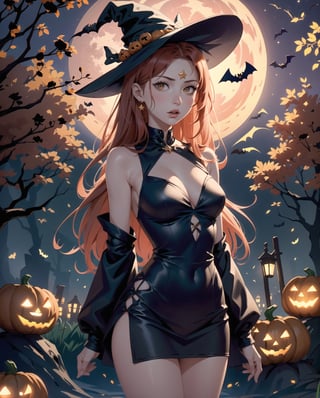 (Halloween theme:1.5), (night situation), (night time:1.5), 
BREAK, 
A beautiful and powerful witch stands in the middle of a mysterious forest filled with sparkling lights of magic circles in the air and mythical tree stumps, 
BREAK, 
1girl, magic, magic circle, tree, sky, star (sky), scenery, solo, outdoors, starry sky, night, red witch dress with small gold detailed, grass, moon, (red full moon:1.5), black cat, ghost, jack o'lantern, ,arms behind back:1.3,realistic