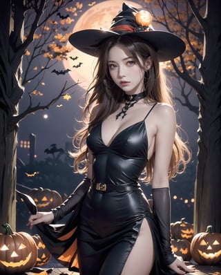 (Halloween theme:1.5), (night situation), (night time:1.5), 
BREAK, 
A beautiful and powerful witch stands in the middle of a mysterious forest filled with sparkling lights of magic circles in the air and mythical tree stumps, 
BREAK, 
1girl, magic, magic circle, tree, sky, star (sky), scenery, solo, outdoors, starry sky, night, red witch dress with small gold detailed, grass, moon, (red full moon:1.5), black cat, ghost, jack o'lantern, ,arms behind back:1.3,realistic