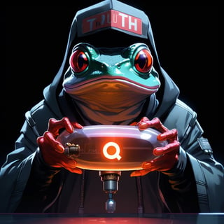 a cyberpunk frog wearing a hoodie and holding a giant pill capsule with the word "truth" on it, official artwork, hidden truth, profile picture, death + robots series, album art, toad philosopher the thinker, dark background, soft red illumination, 