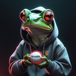 a cyberpunk frog wearing a hoodie and holding a giant pill with the word "truth" on it, official artwork, hidden truth, profile picture, death + robots series of netflix, album art, toad philosopher the thinker, dark background, soft red illumination, 