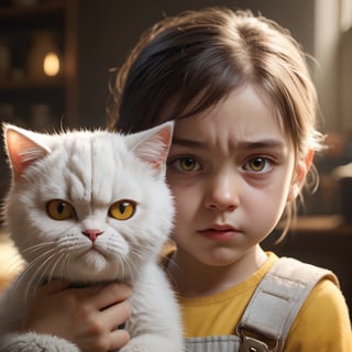(flowercore:1.3), (best quality:1.2), (high quality:1.2), ((photorealistic, photography, film grain:1.3)), cgsociety unreal engine, cinematic, volumetric lighting, little girl frowning her eyebrows, angry, angry expressive look from under her eyebrows, angry, holding a fat frowning cat with light white fur, lots of details, both angry hyper-detailed, big bright yellow eyes, hyper-realism, professional, high quality