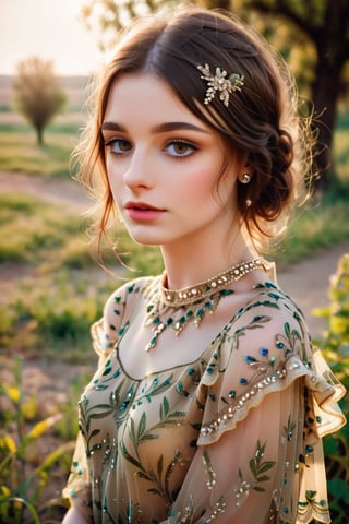 dashataran in flappers, detailed eyes, detailed face, detailed skin, feminine girly dress, diffused natural skin glow, 30 year old, elegant up to the elbow, extravagant dress, fine contours of face, vine dress, aged photo,