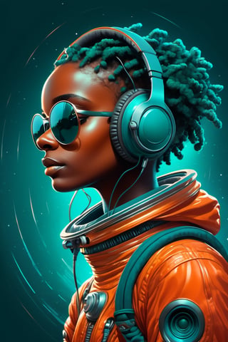 illustration of a young alien girl in spacesuit with headphones, in the style of cyril rolando, shwedoff, psychedelic artwork, shot on 70mm, raymond swanland, dark teal and dark orange, loose and fluid, 
