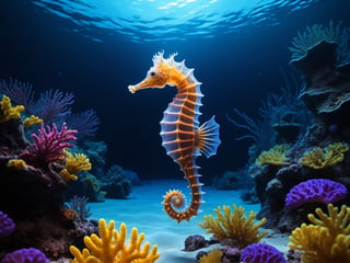 best quality, masterpiece, 8k, ultra detailed, ultra realistic, seahorse glowing in blacklight, cinematic, Movie Still, high resolution, hyperrealistic photography, photorealistic, professional photography, underwater landscape