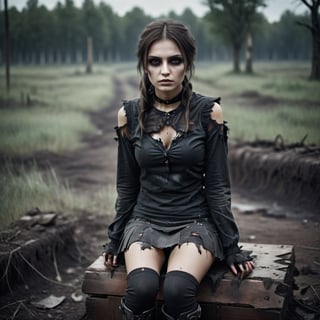 dark gothic theme, (sitting Russian woman in a mini skirt, ripped leggings, legs out, dirty boots, torn blouse black), deserted, black and white photography, ultra detailed, intricate, gloomy, moody, cinematic, subdued colors, low contrast, contour light, soft light, high field depth, Canon eos 5d mark,  f1.2, 85mm, 1/200s, iso100, high octane, unreal engine 5,DonMB4nsh33XL ,Extremely Realistic