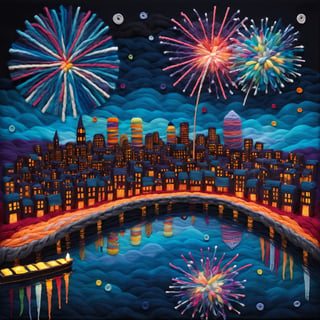 night skyline over a city of yarn, felt and knitting yarn fireworks, creative, imagination, surrealism, 