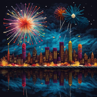 night skyline over a city of yarn, felt and knitting yarn fireworks, creative, imagination, surrealism, 