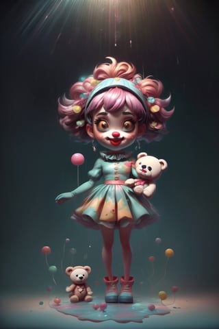 (One Creepy clown wearing afro rainbow wig holding a teddy bear, raining lollipops, full length portrait, full body portrait, Nightmarish lighting, Clowncore, Insomniac Games, Prismwave, overwatch, Comedy:1.2), glitter, Imaginative_Melodies, 